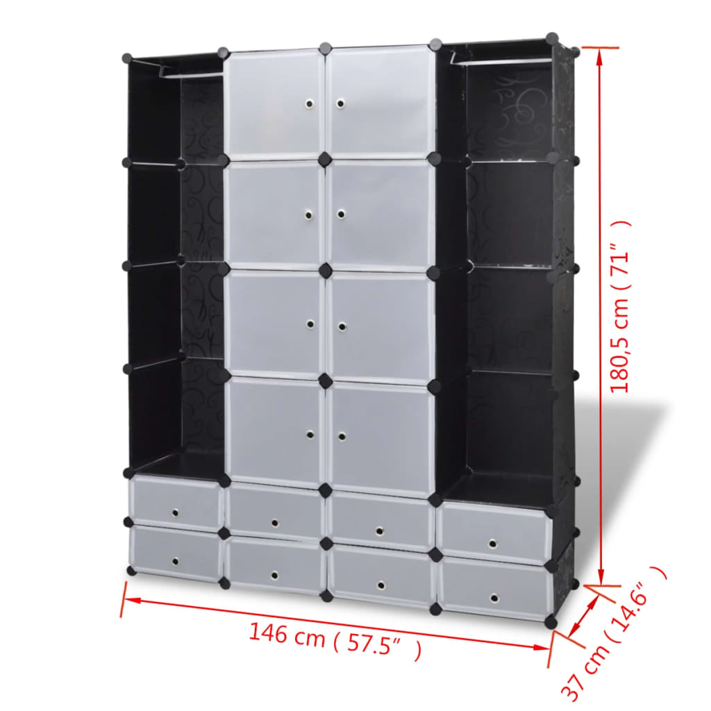 Modular cabinet 18 compartments Black and white 37x146x180.5cm