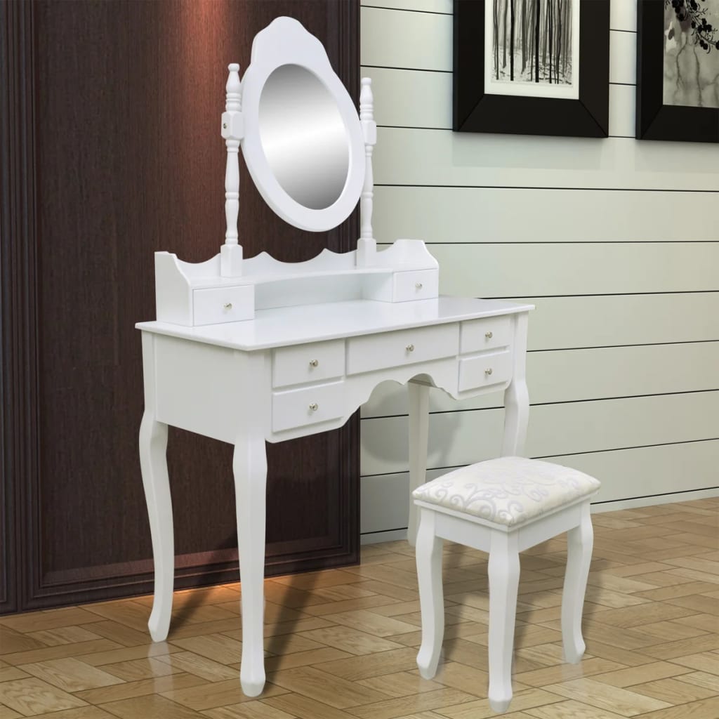 Coiffeuse avec miroir et tabouret 7 tiroirs Blanc