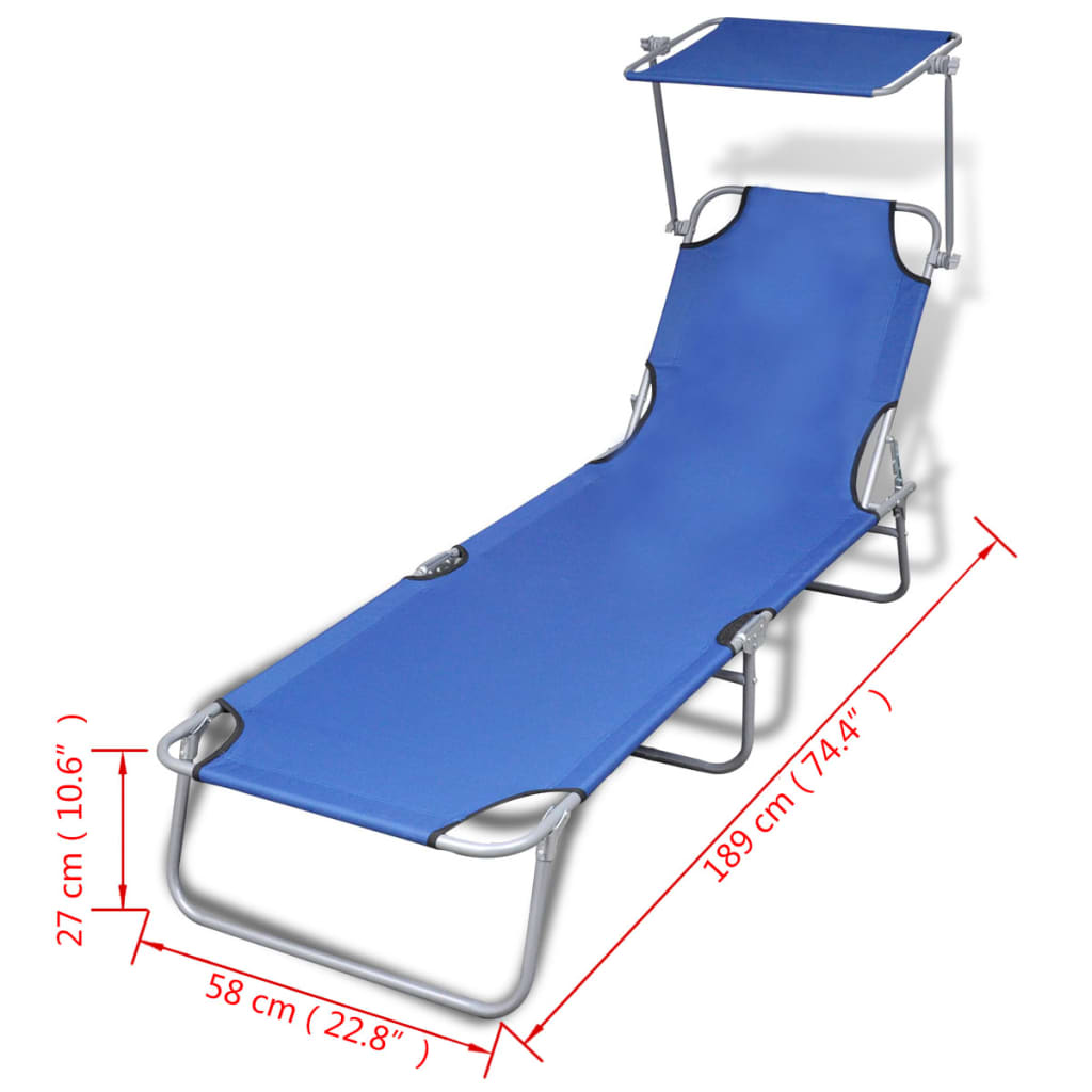 Chaise longue pliable avec auvent acier et tissu bleu