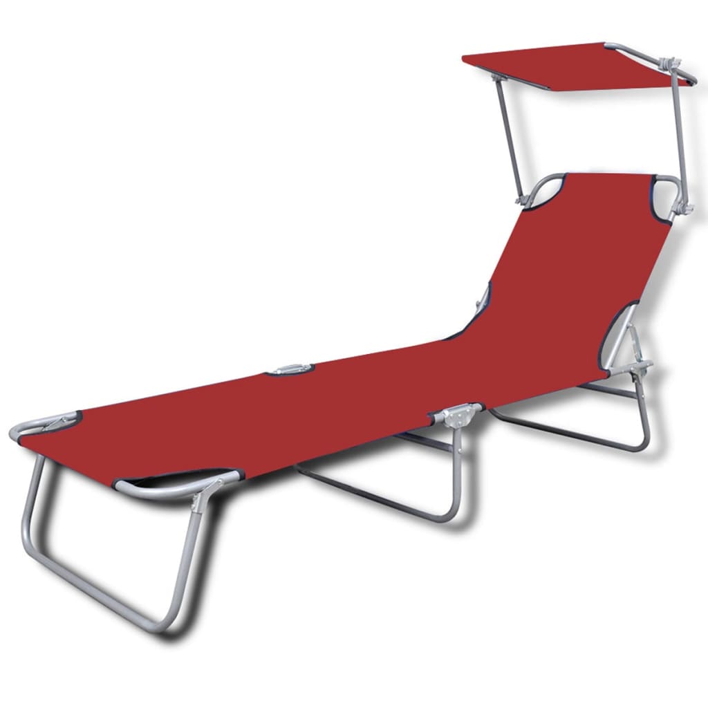 Chaise longue pliable avec auvent acier et tissu rouge