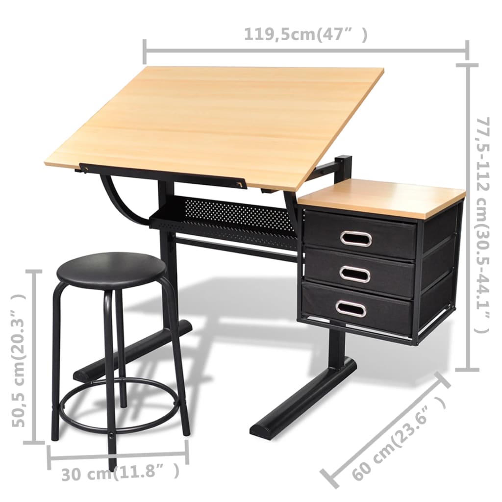 3-Drawer Tilting Drafting Table with Stool