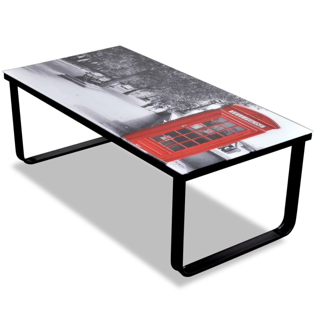 Coffee table with telephone booth print Glass top