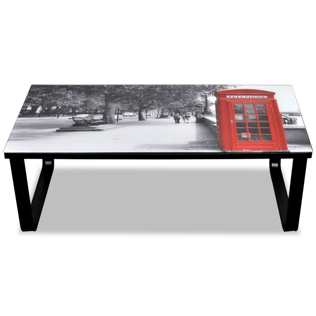 Coffee table with telephone booth print Glass top