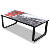 Coffee table with telephone booth print Glass top