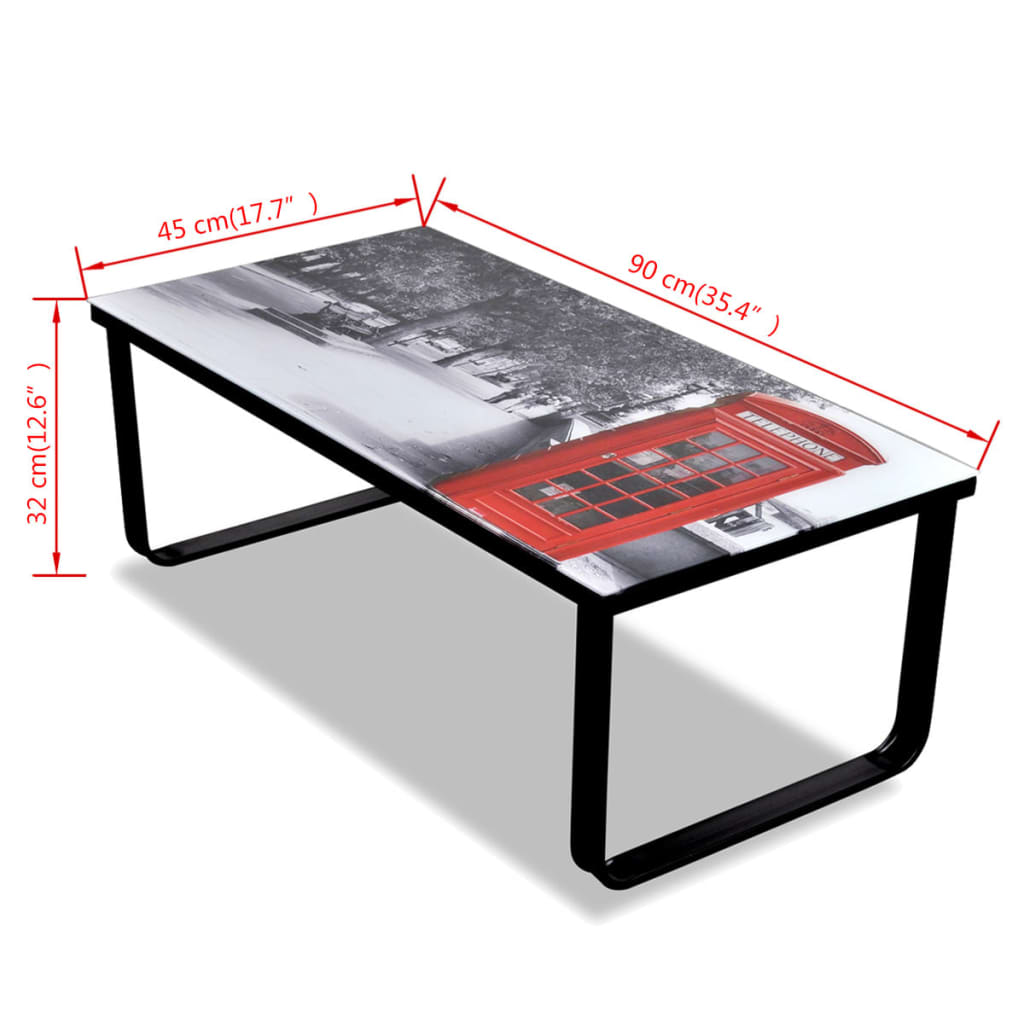 Coffee table with telephone booth print Glass top