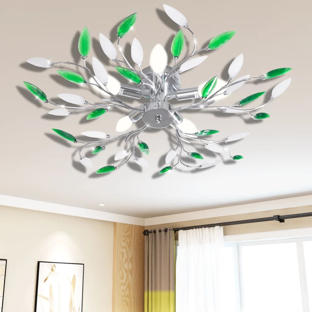 Green and white ceiling lamp with crystal arm for 5 E14 bulbs