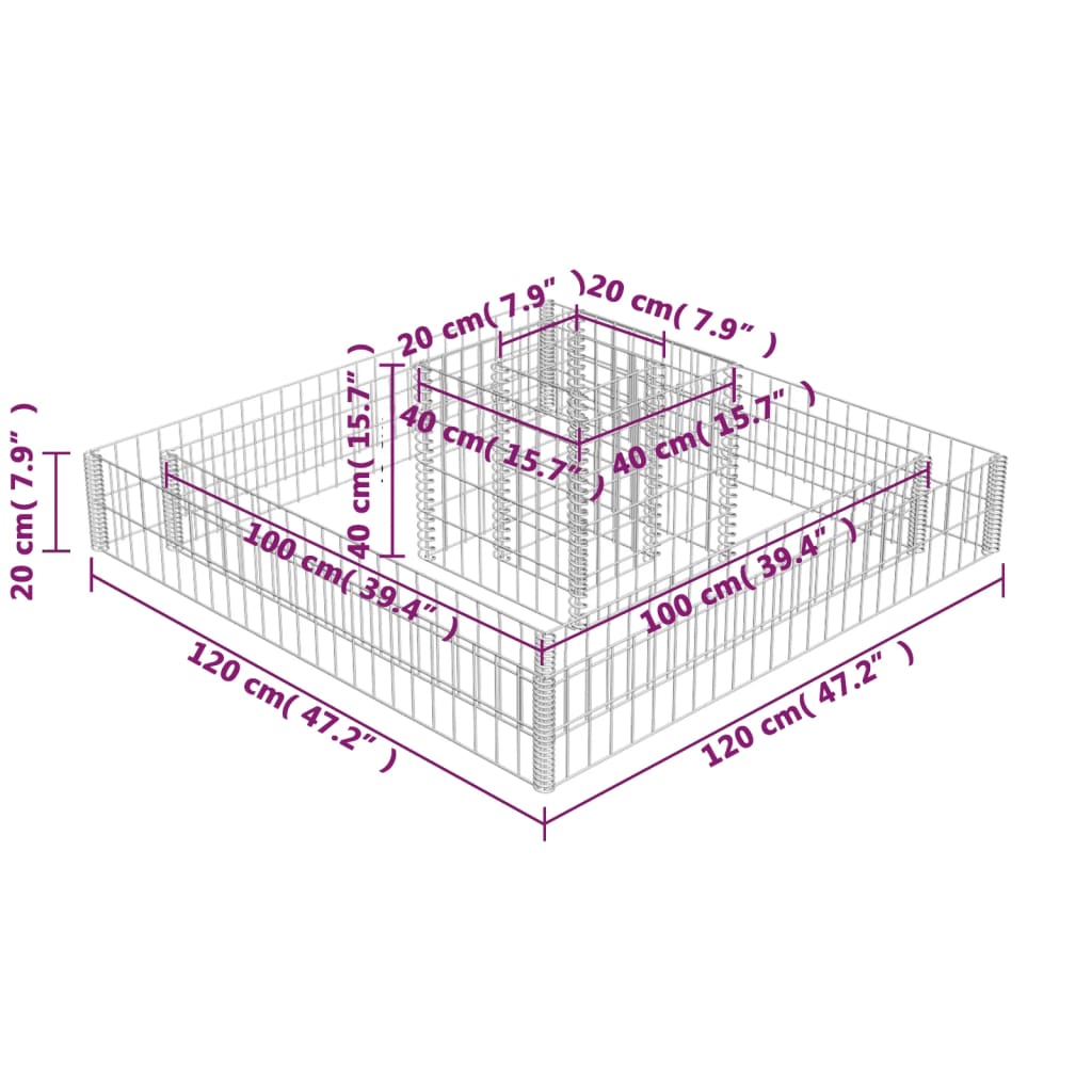 Jardinière en gabion Acier galvanisé 120x120x20 cm