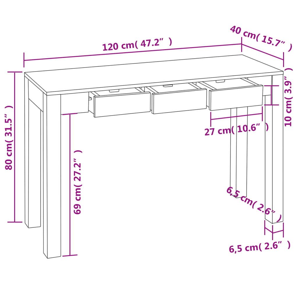 Konsolentisch mit 3 Schubladen 80 cm Massivholz