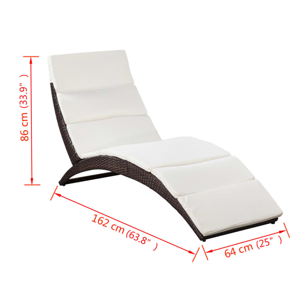 Chaise longue pliable avec coussin Résine tressée Marron