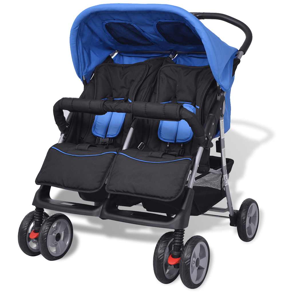 Steel Blue and Black Double Seat Stroller