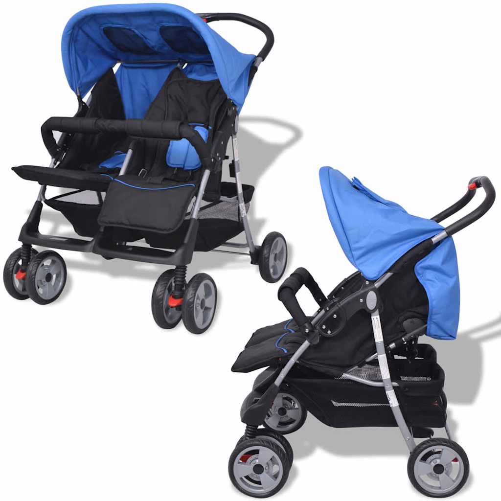 Steel Blue and Black Double Seat Stroller