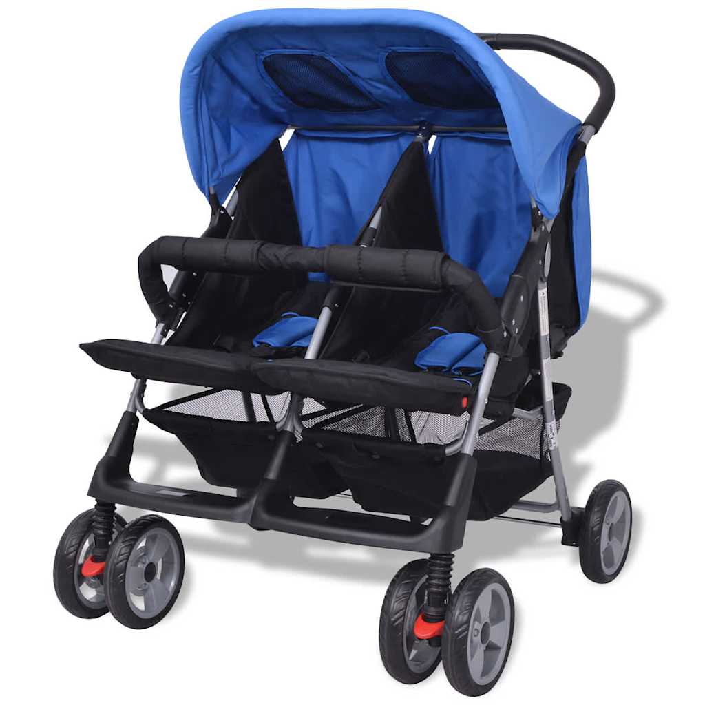 Steel Blue and Black Double Seat Stroller