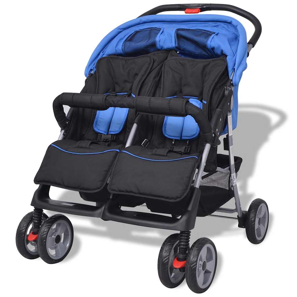 Steel Blue and Black Double Seat Stroller