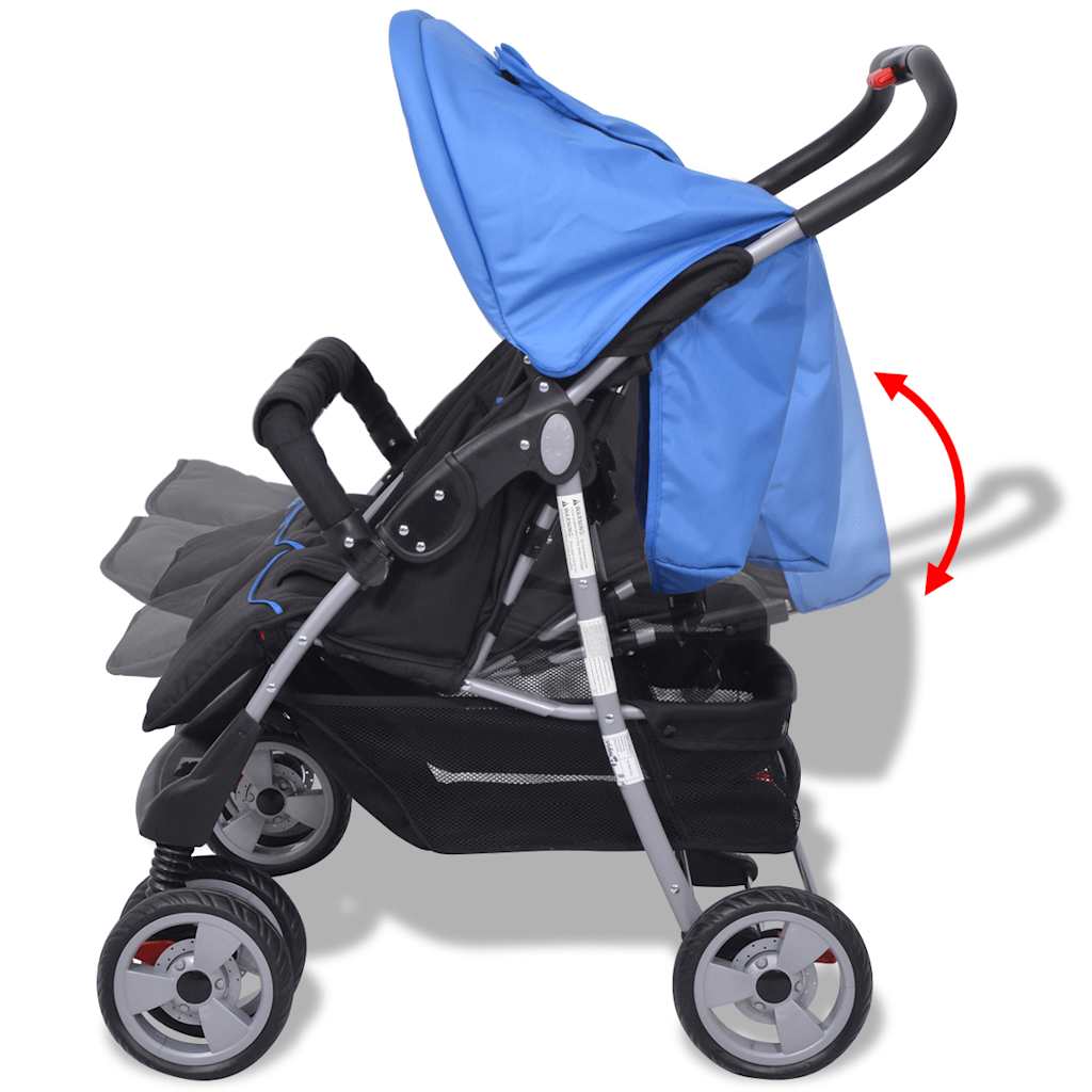 Steel Blue and Black Double Seat Stroller