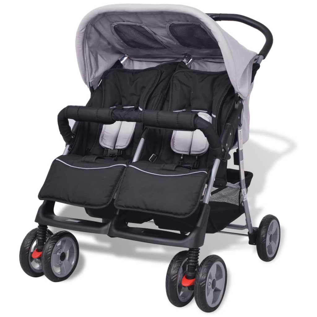 Steel Grey and Black Double Seat Stroller