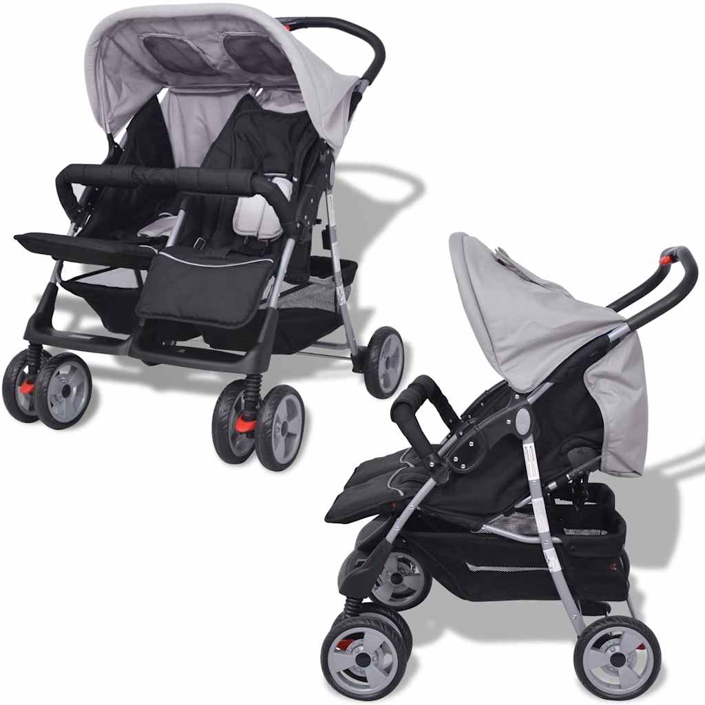 Steel Grey and Black Double Seat Stroller