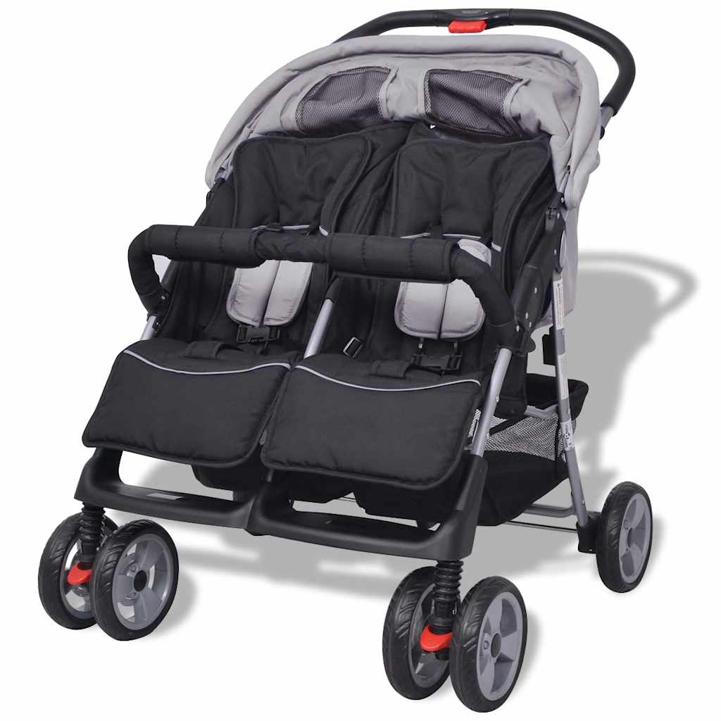 Steel Grey and Black Double Seat Stroller