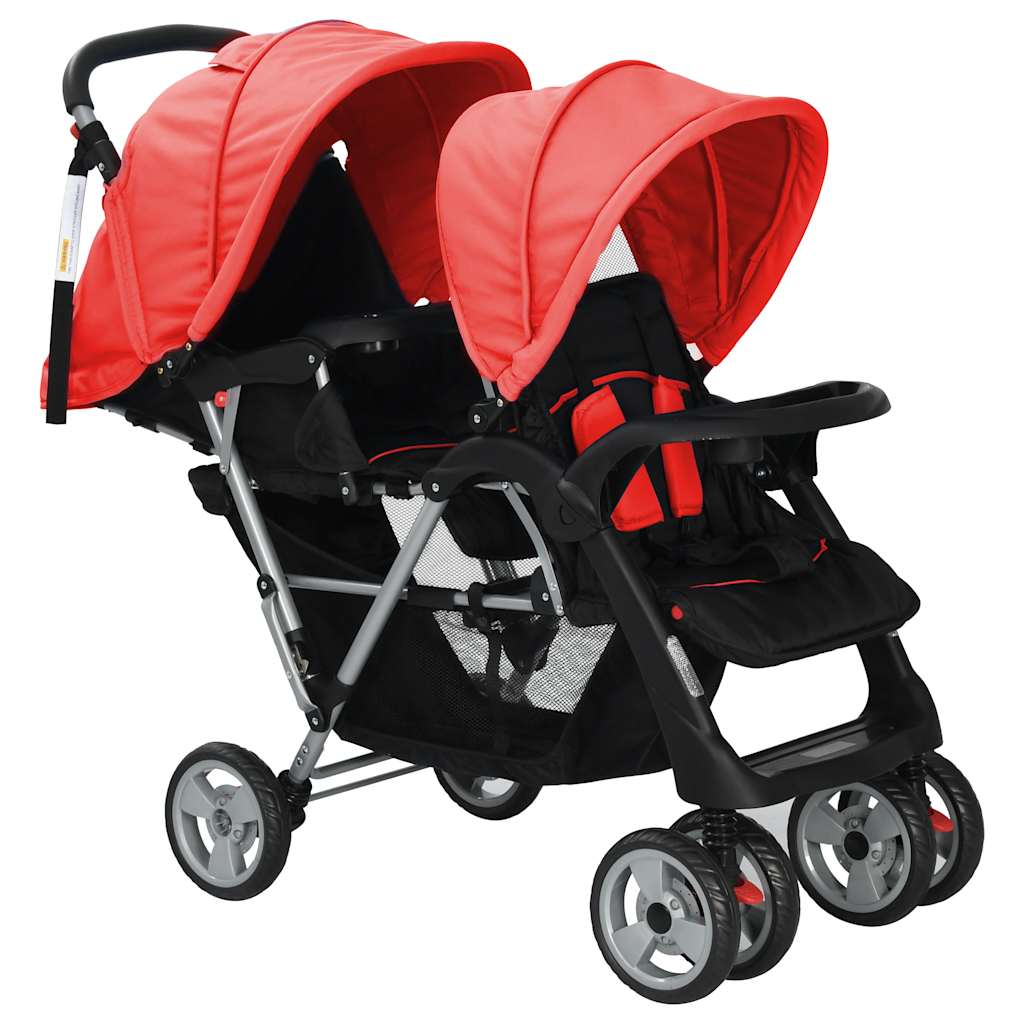 Red and black steel double stroller