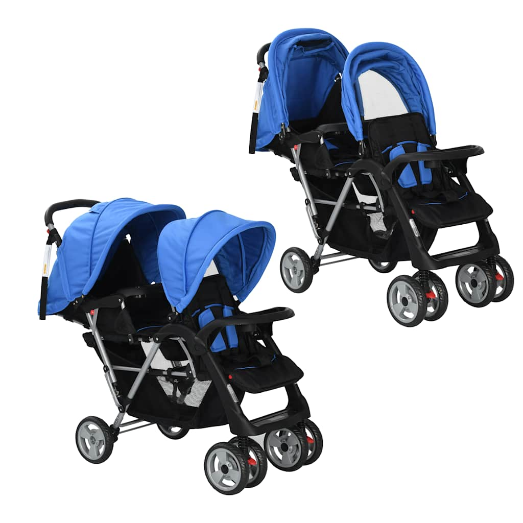 Two-seater stroller steel blue and black