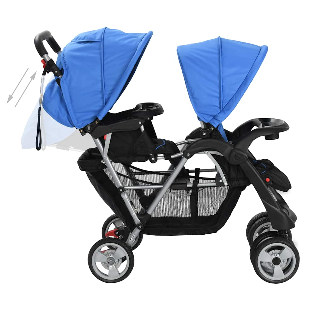 Two-seater stroller steel blue and black