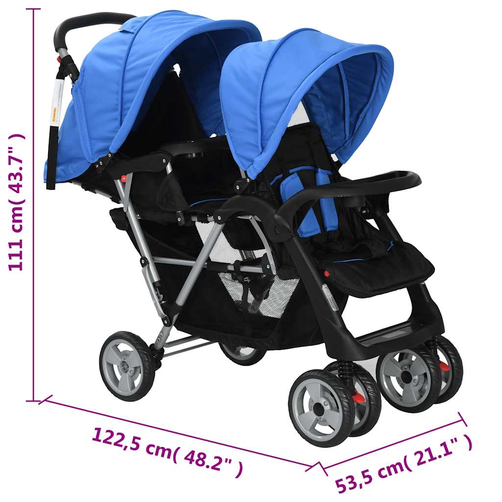 Two-seater stroller steel blue and black