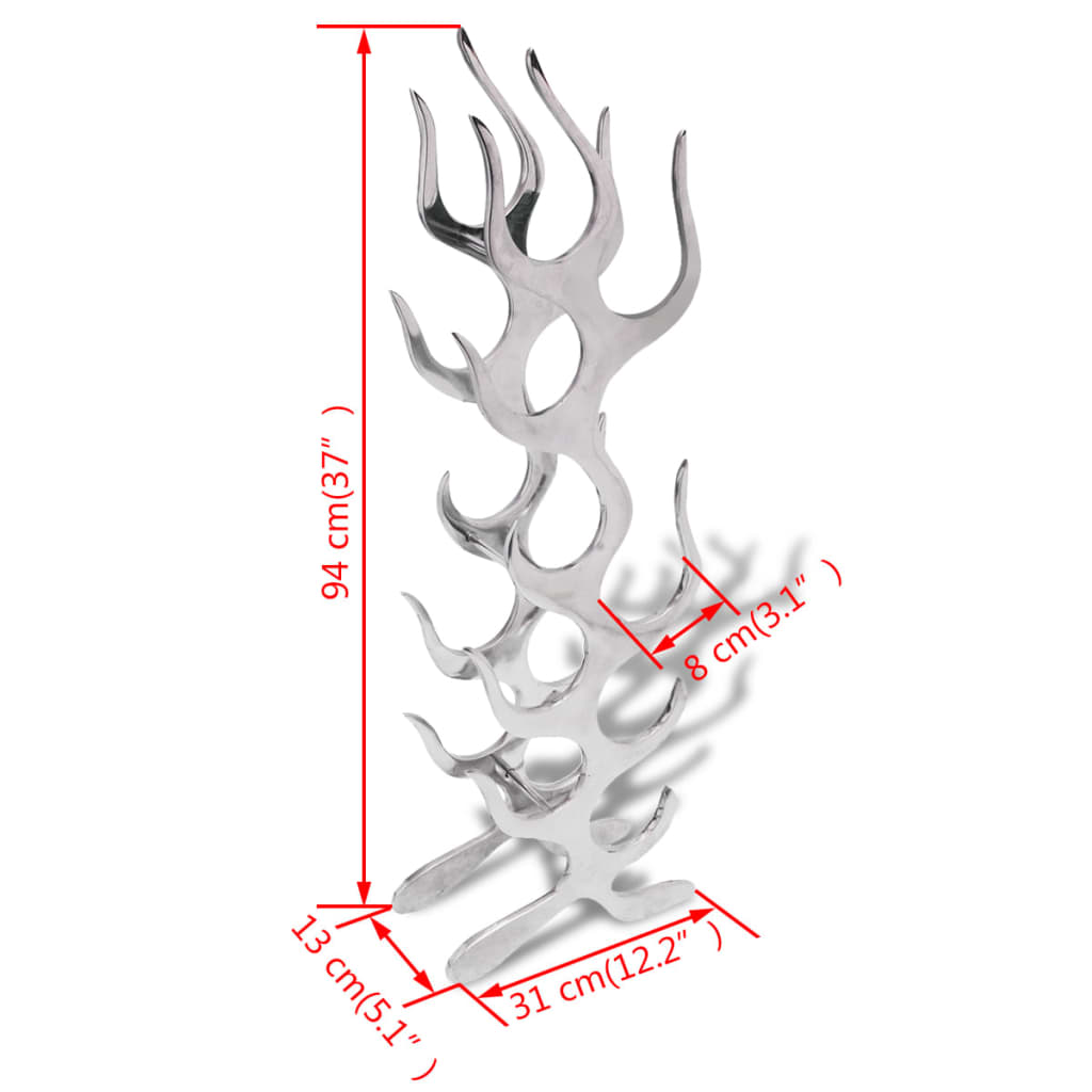 Flaschenregal für 9 Flaschen in Flammenform aus Aluminium und Silber