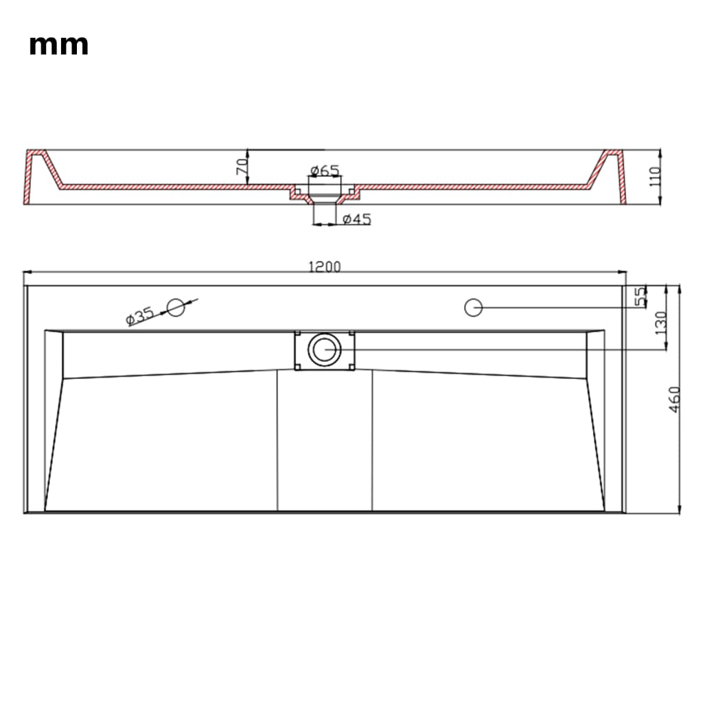 Lavabo 120x46x11 cm Fonte minérale/marbre Blanc