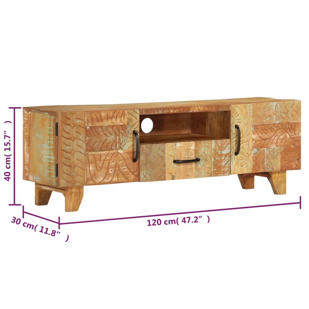 Meuble TV sculpté à la main 120x30x40 cm Bois de récupération