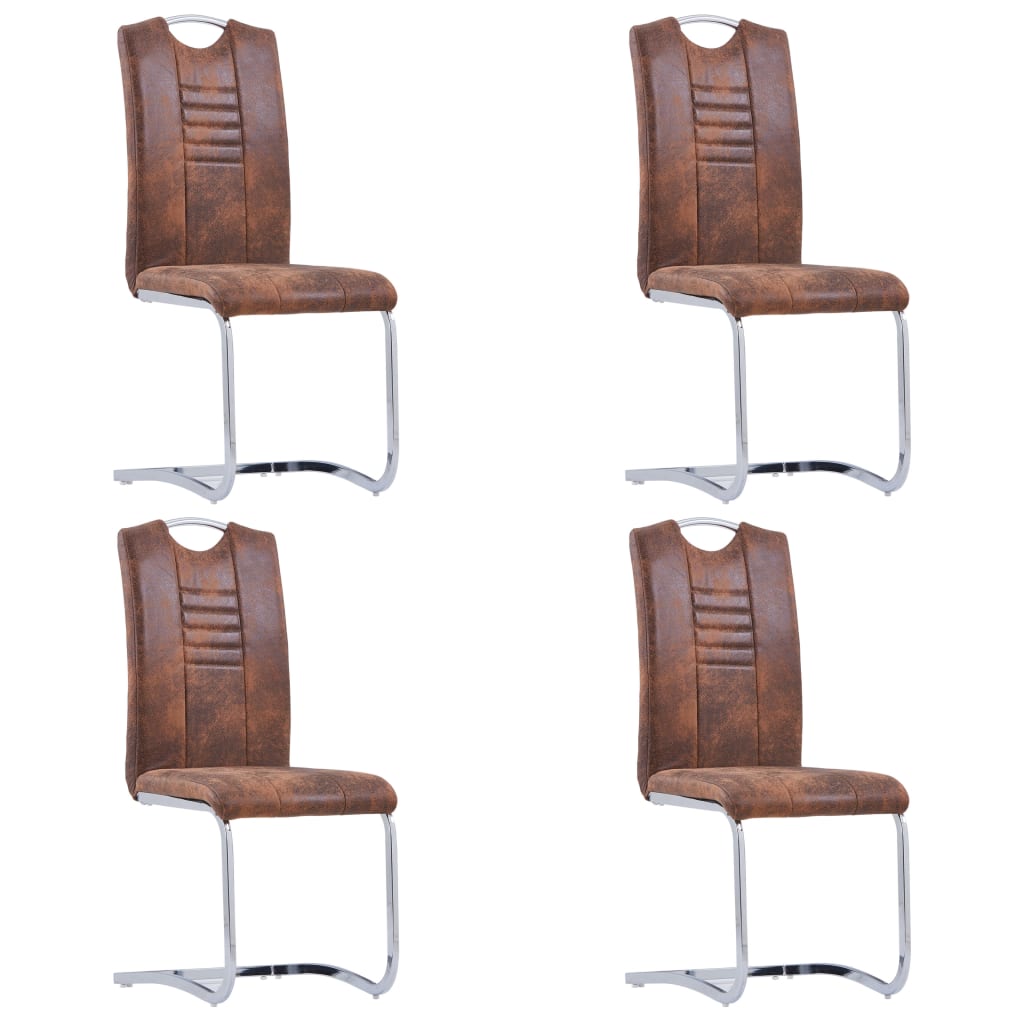 Cantilever Dining Chairs Set of 4 Brown Faux Leather Suede