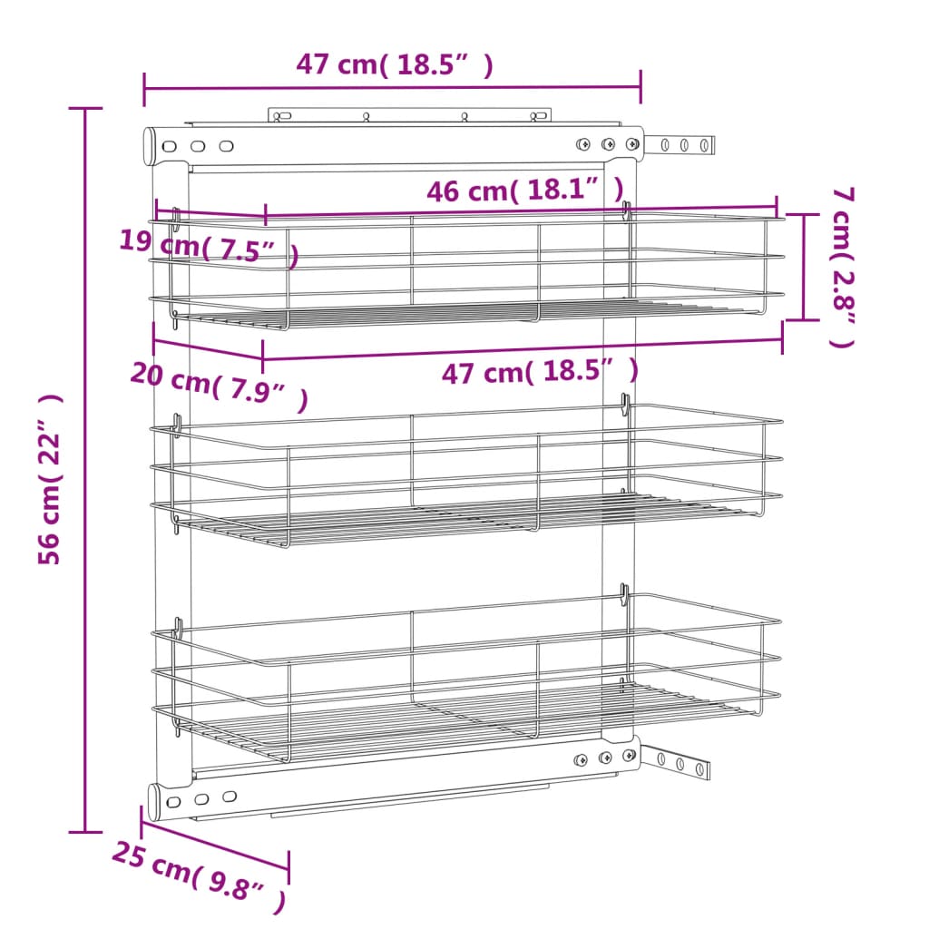 3-tier metal kitchen basket 47x25x56 cm