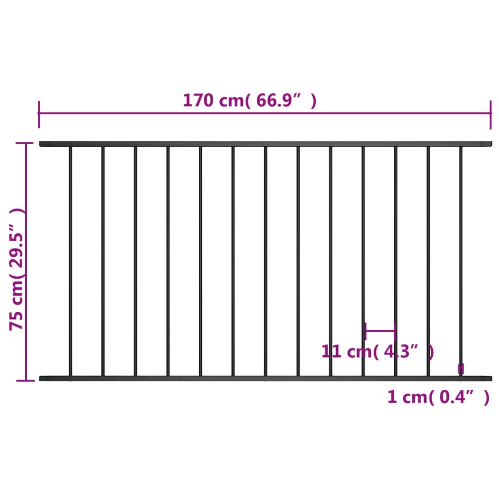 Zaunelement aus pulverbeschichtetem Stahl, 1,7 x 0,75 m, Schwarz