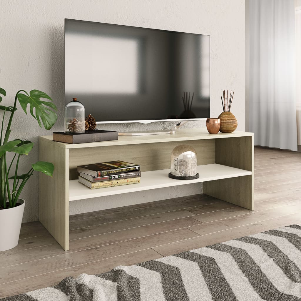 Meuble TV Blanc et chêne sonoma 100x40x40 cm Bois d'ingénierie