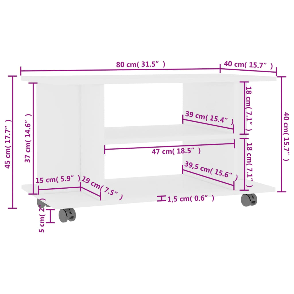 Meuble TV avec roulettes blanc 80x40x45 cm bois d'ingénierie