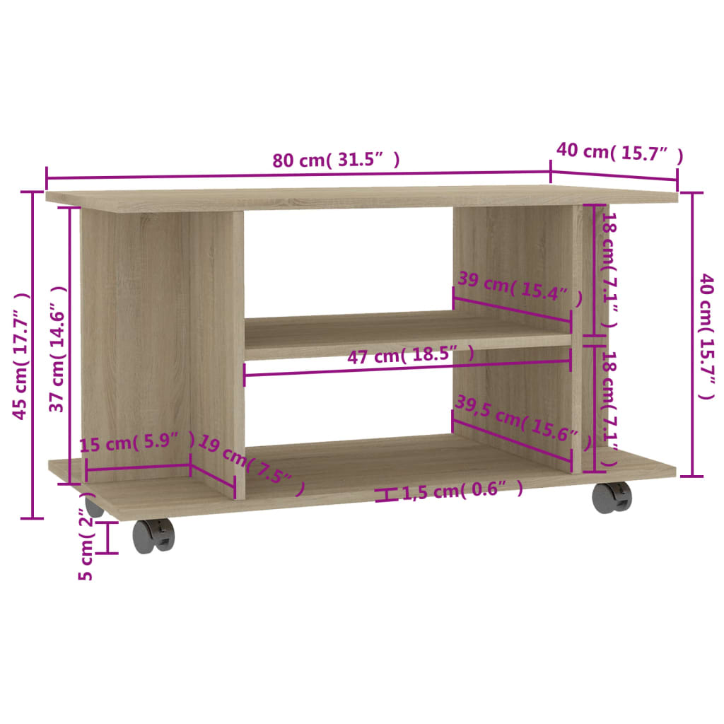 Meuble TV et roulettes chêne sonoma 80x40x45 cm bois ingénierie