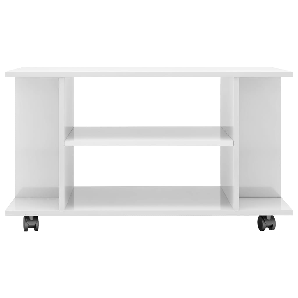 Meuble TV roulettes blanc brillant 80x40x45 cm bois ingénierie