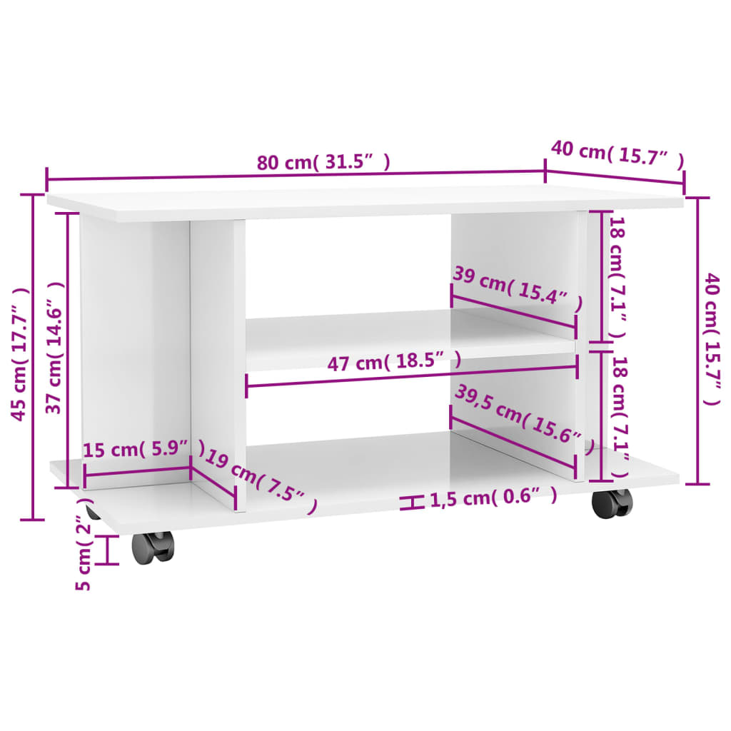 Meuble TV roulettes blanc brillant 80x40x45 cm bois ingénierie