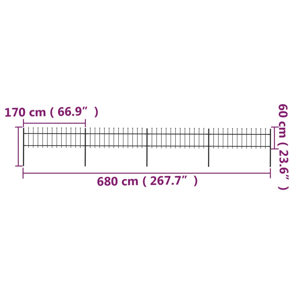 Clôture de jardin avec dessus en lance Acier 6,8 x 0,6 m Noir