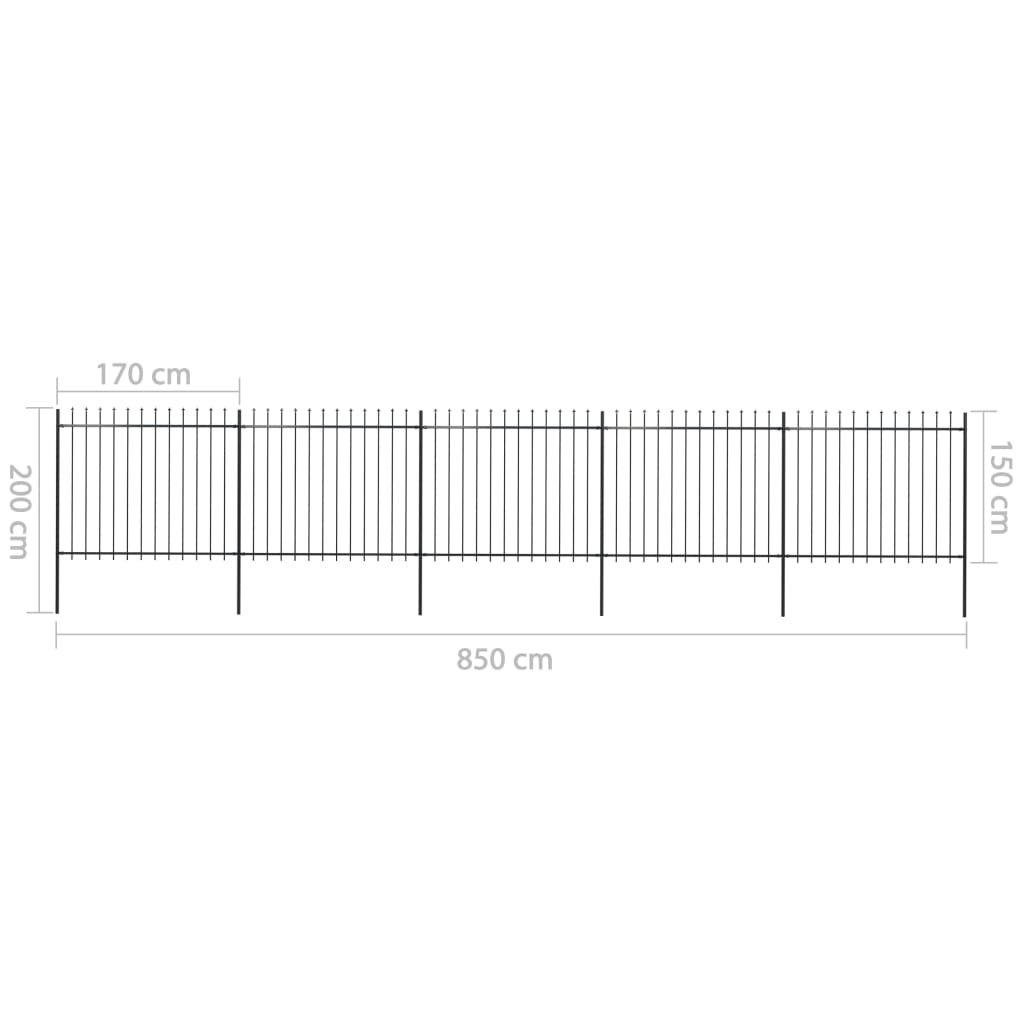 Gartenzaun mit Speerspitze, Stahl, 8,5 x 1,5 m, Schwarz