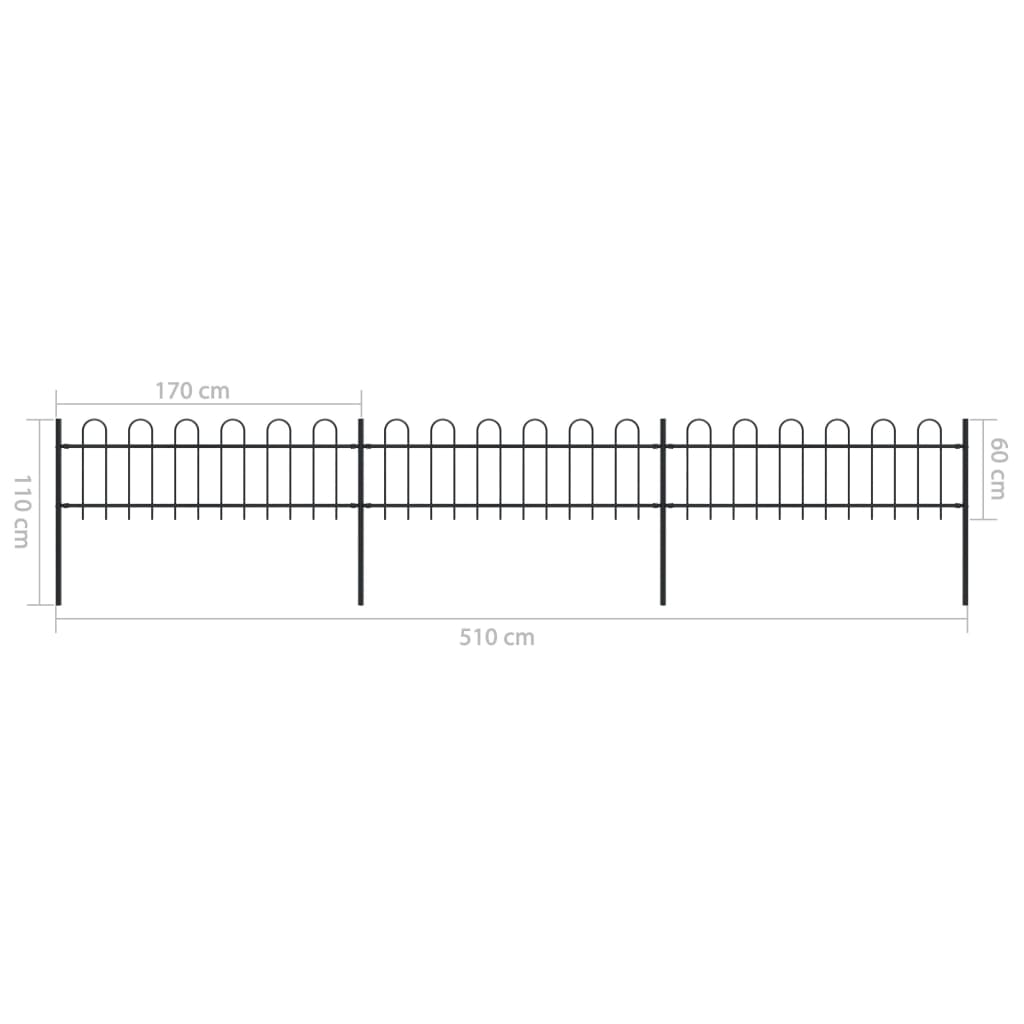 Garden Fence with Hoop Top Steel 5.1 x 0.6 m Black