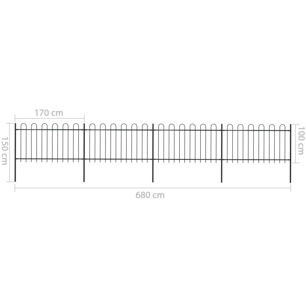 Garden Fence with Hoop Top Steel 6.8 x 1m Black