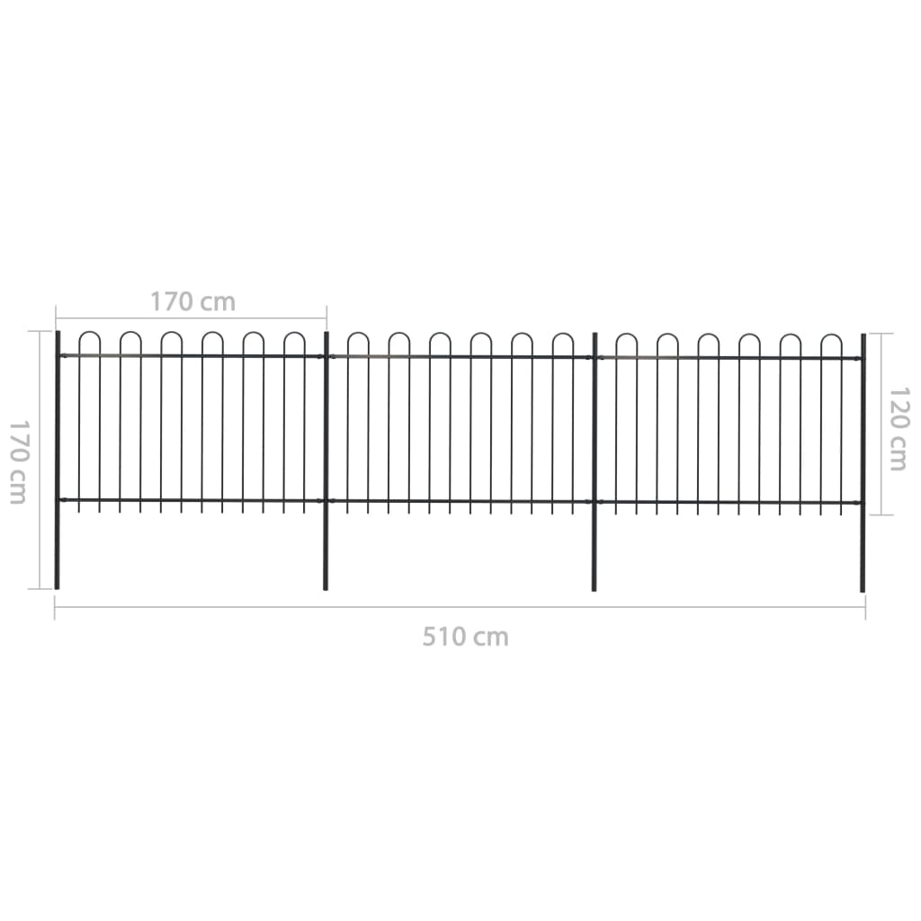 Clôture de jardin avec dessus en cerceau Acier 5,1 x 1,2 m Noir