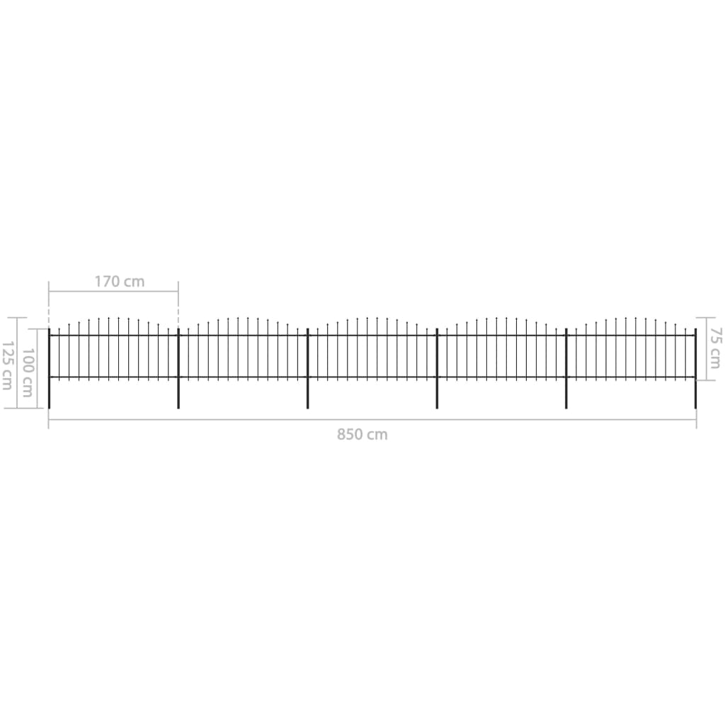 Clôture de jardin à dessus en lance Acier (0,5-0,75)x8,5 m Noir