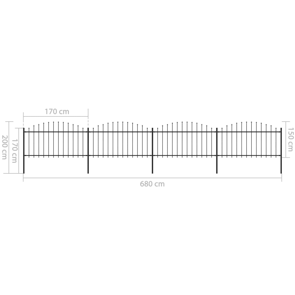 Clôture de jardin à dessus en lance Acier (1,25-1,5)x6,8 m Noir