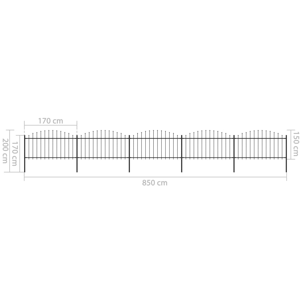 Clôture de jardin à dessus en lance Acier (1,25-1,5)x8,5 m Noir