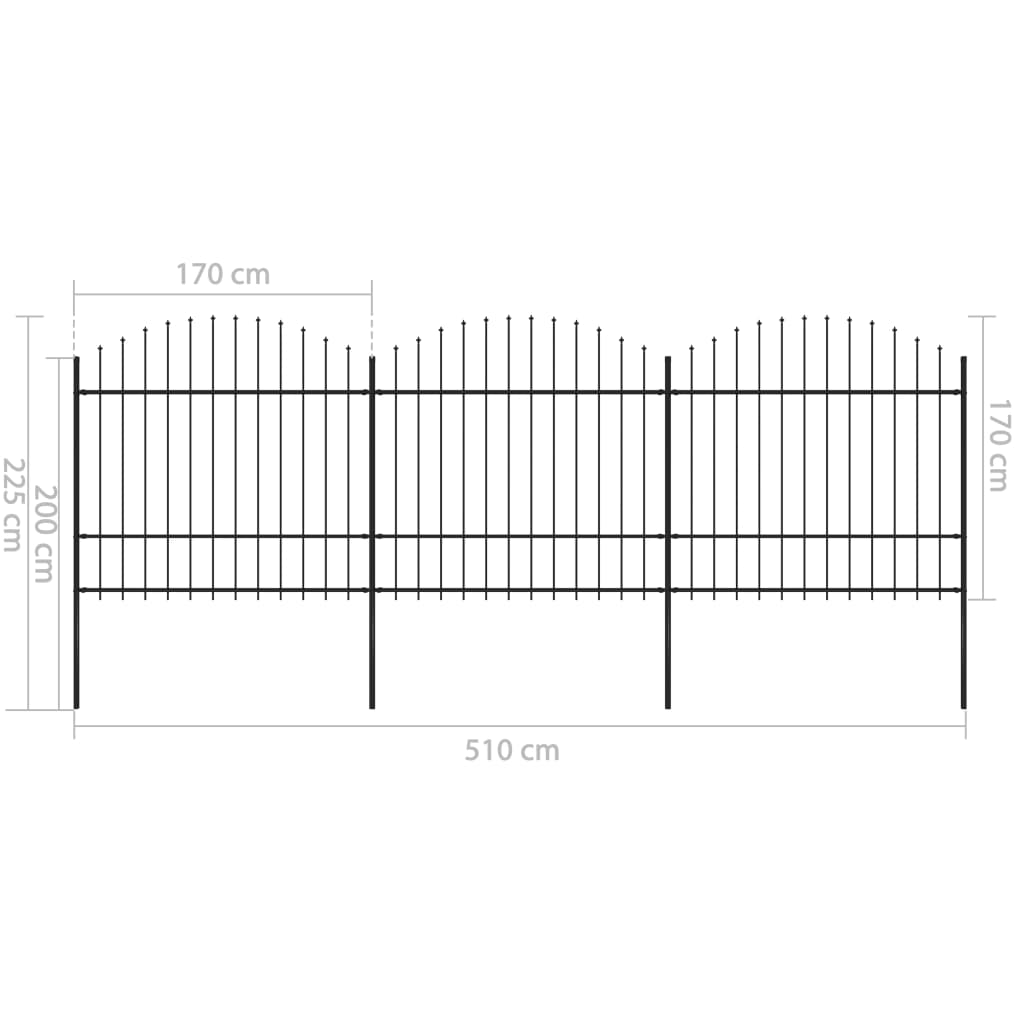 Clôture de jardin à dessus en lance Acier (1,5-1,75)x5,1 m Noir