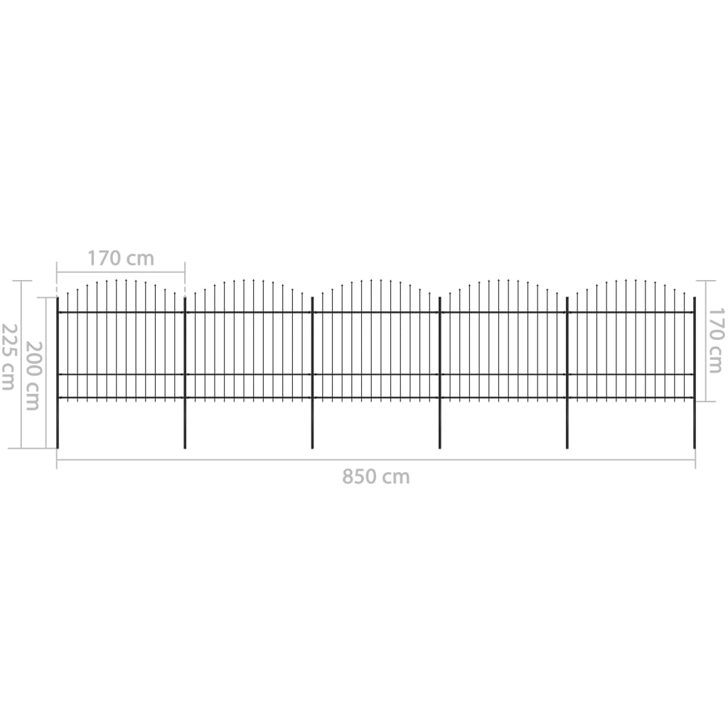 Clôture de jardin à dessus en lance Acier (1,5-1,75)x8,5 m Noir