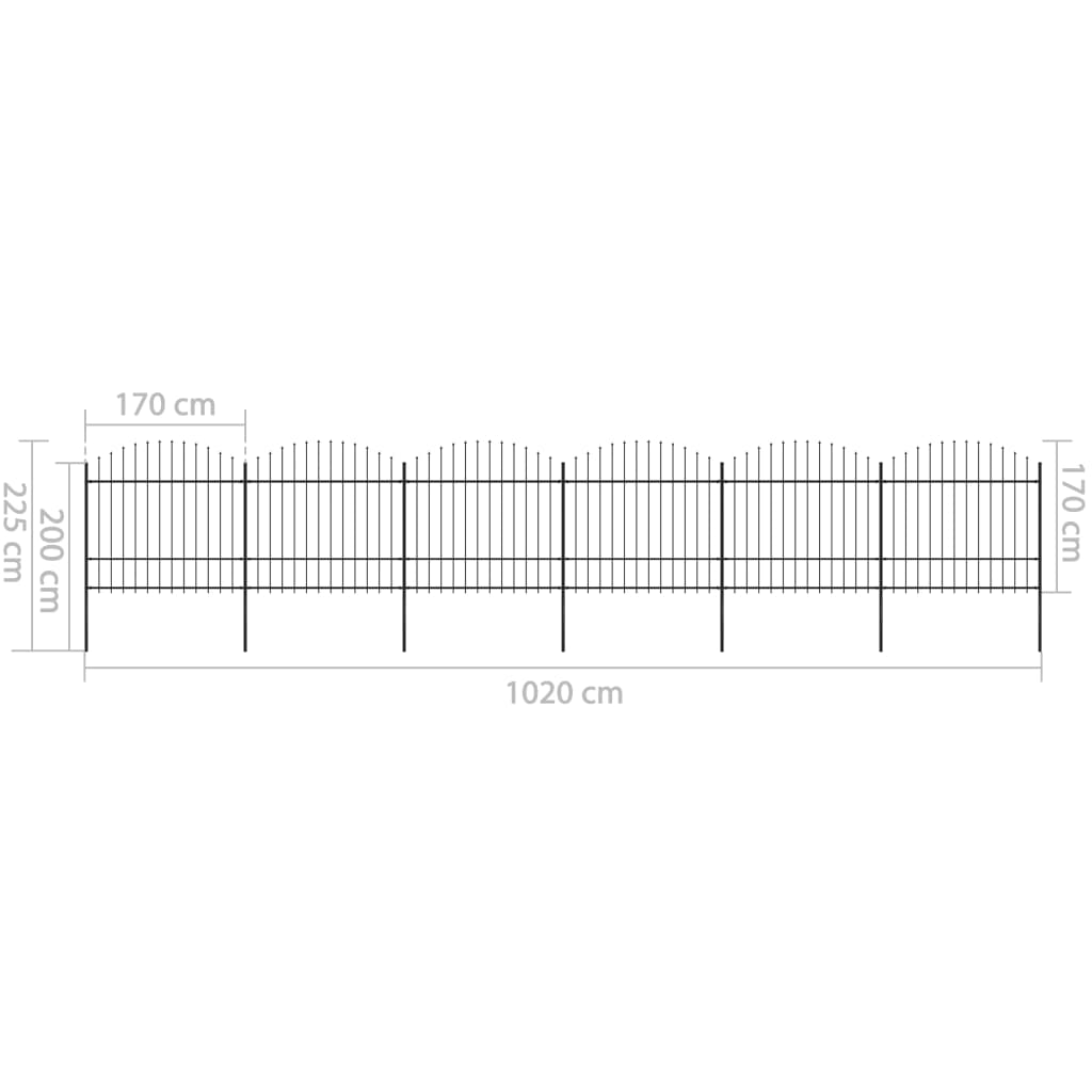 Clôture de jardin à dessus en lance Acier (1,5-1,75)x10,2m Noir