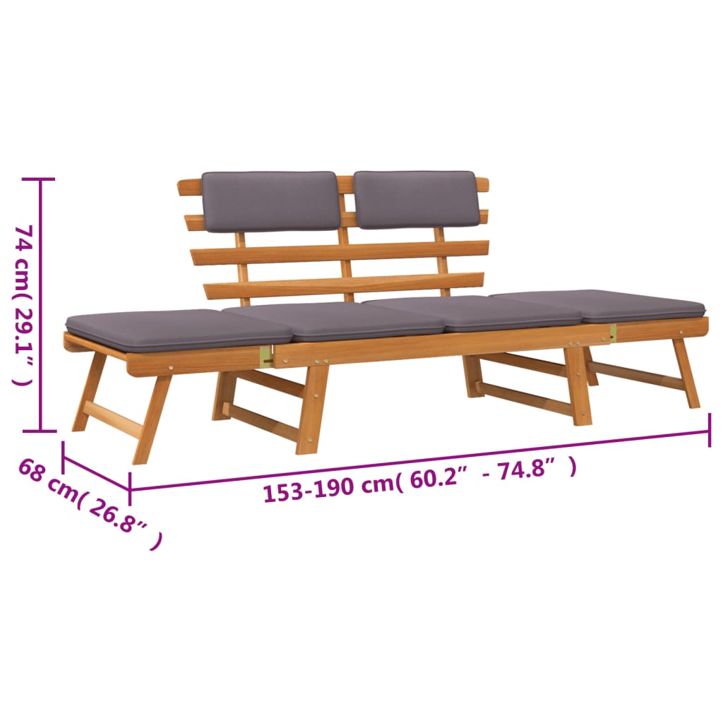 Chaise longue avec coussin 2-en-1 190 cm Bois solide d'acacia