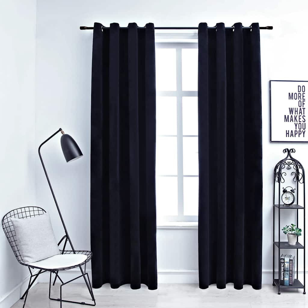 Rideaux occultants avec anneaux 2 pcs Velours Noir 140x225 cm