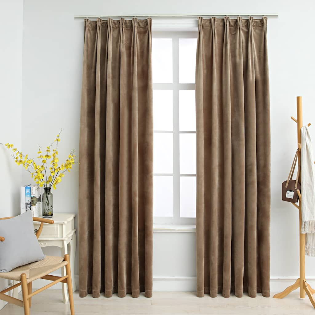 Blackout Curtains with Hooks 2 pcs Velvet Beige 140x245 cm